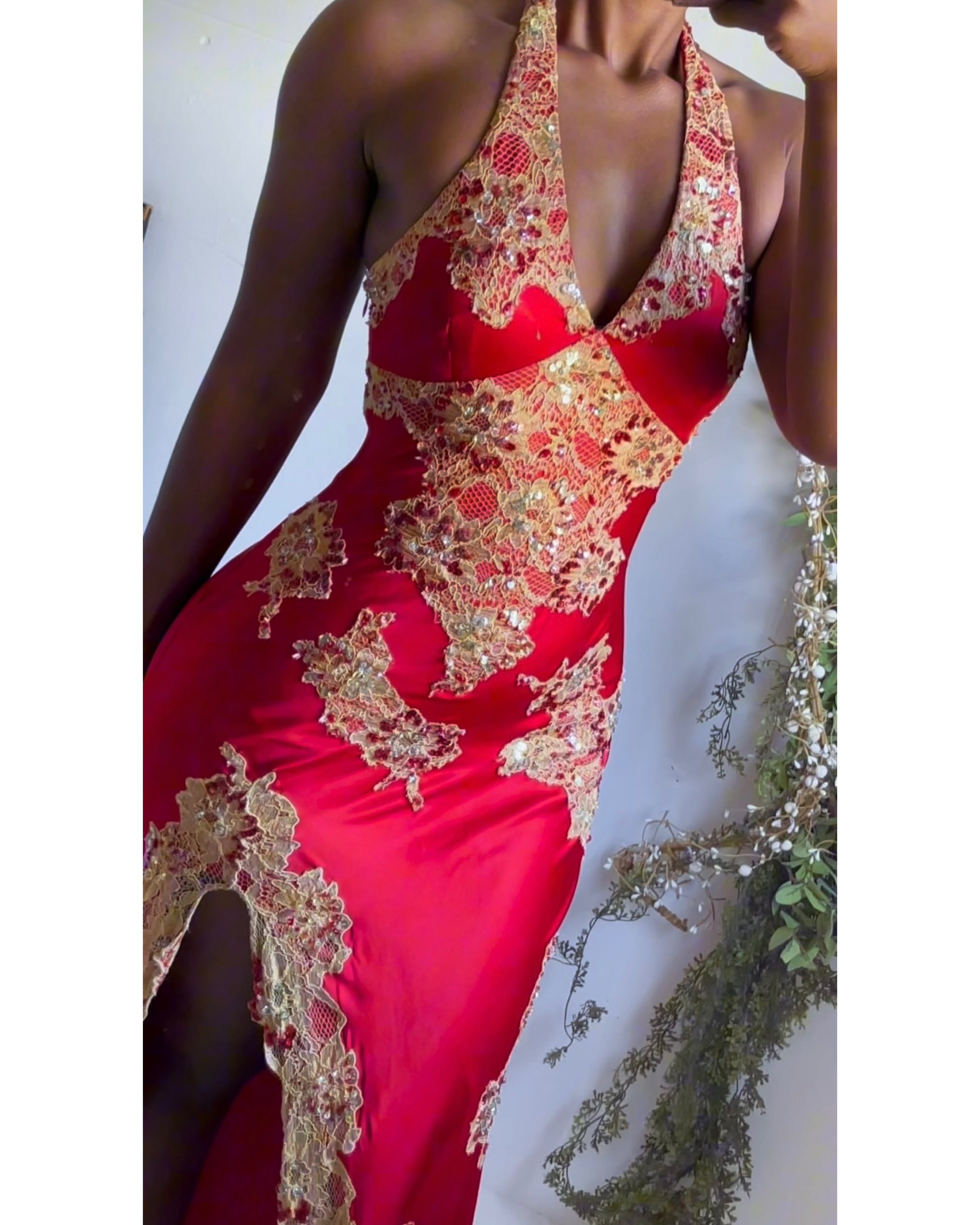 Rare Vintage Y2K Silk and Lace Sue Wong Halter Gown