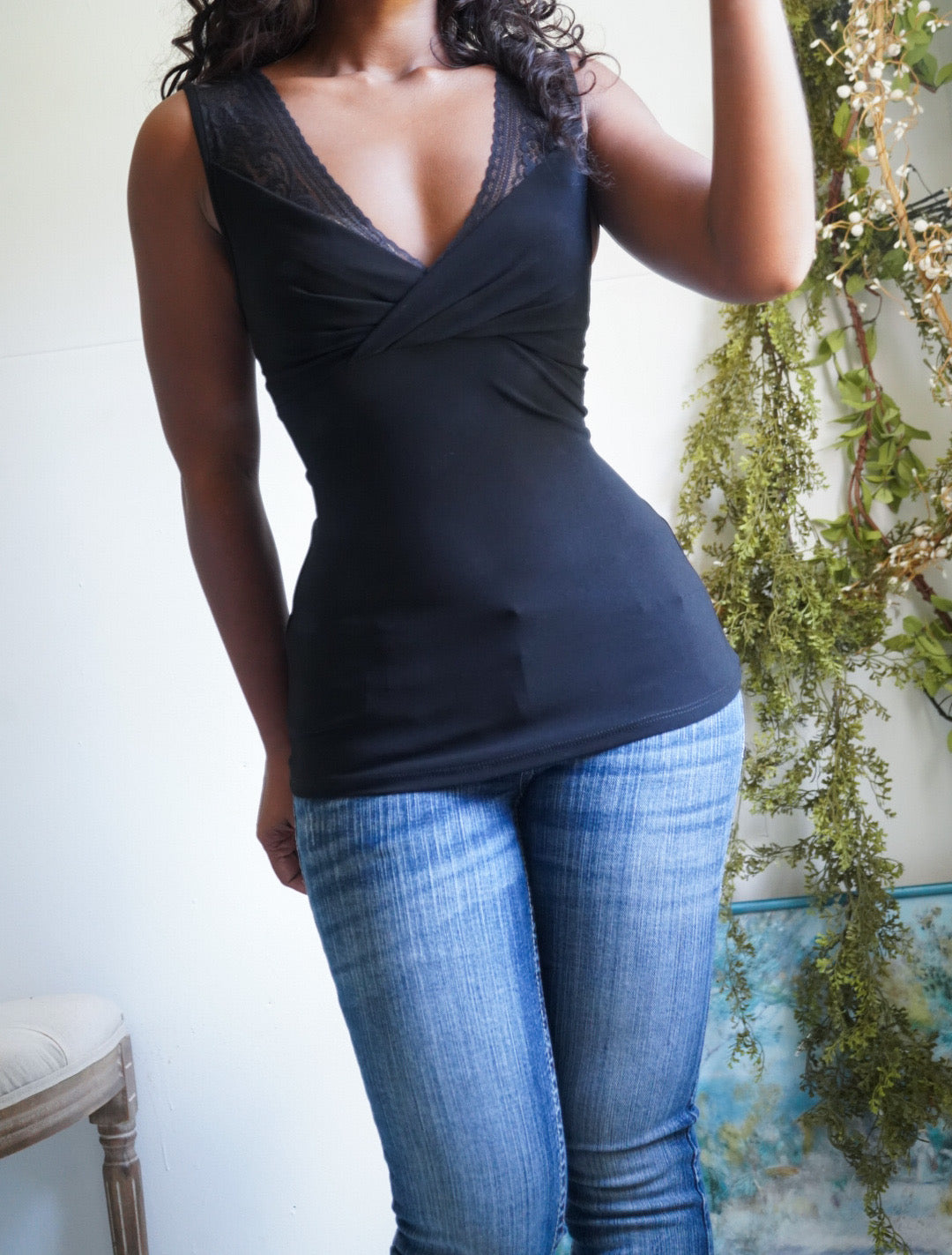Y2K Lace Shoulder Black Staple Tank