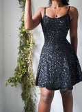 Vintage Y2K Black Silk Sequin Mini Dress