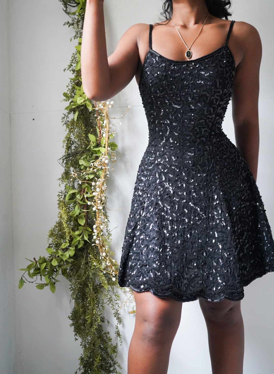 Vintage Y2K Black Silk Sequin Mini Dress