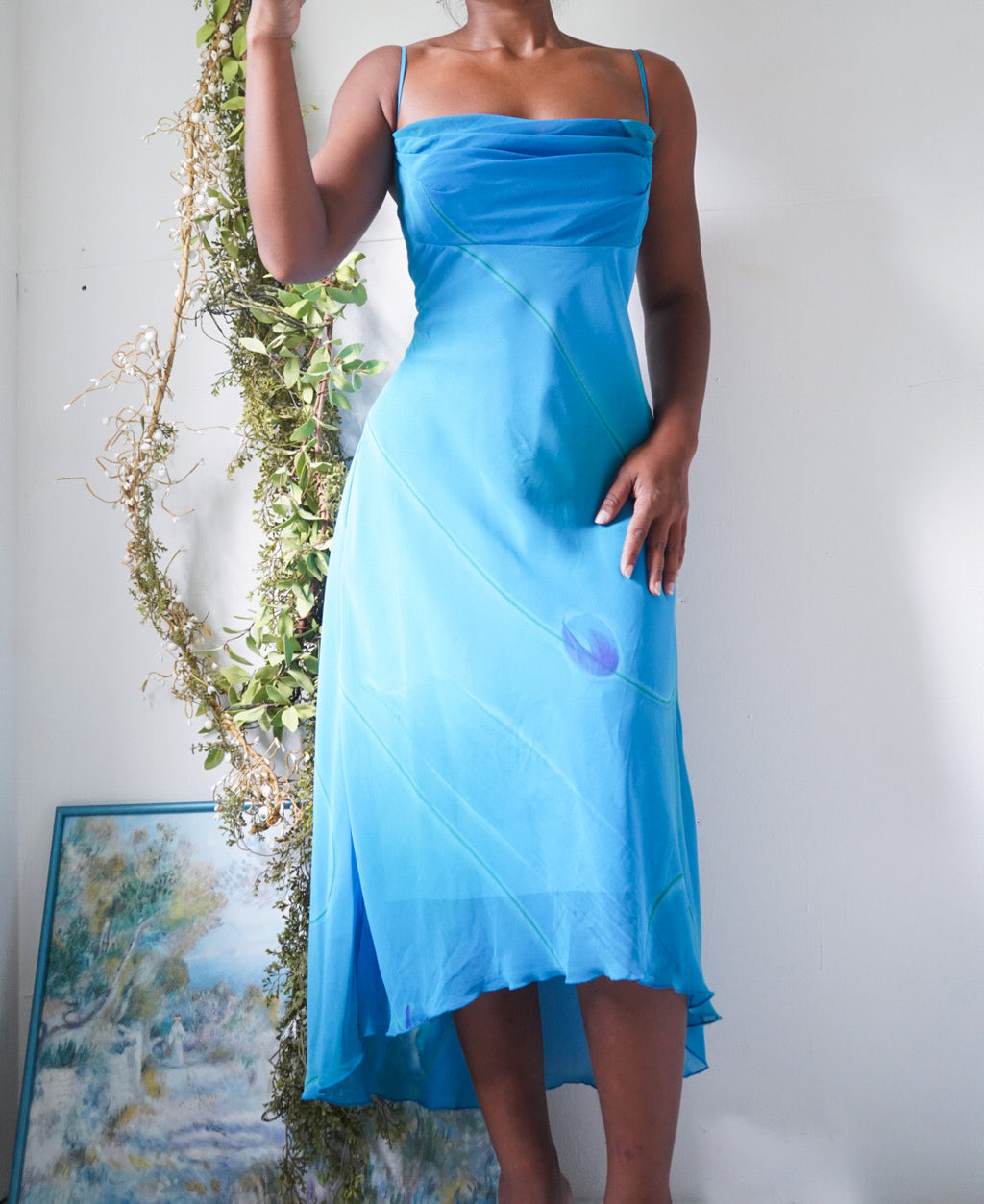 Y2K Ombre Blue Painted Flower Midi Dress