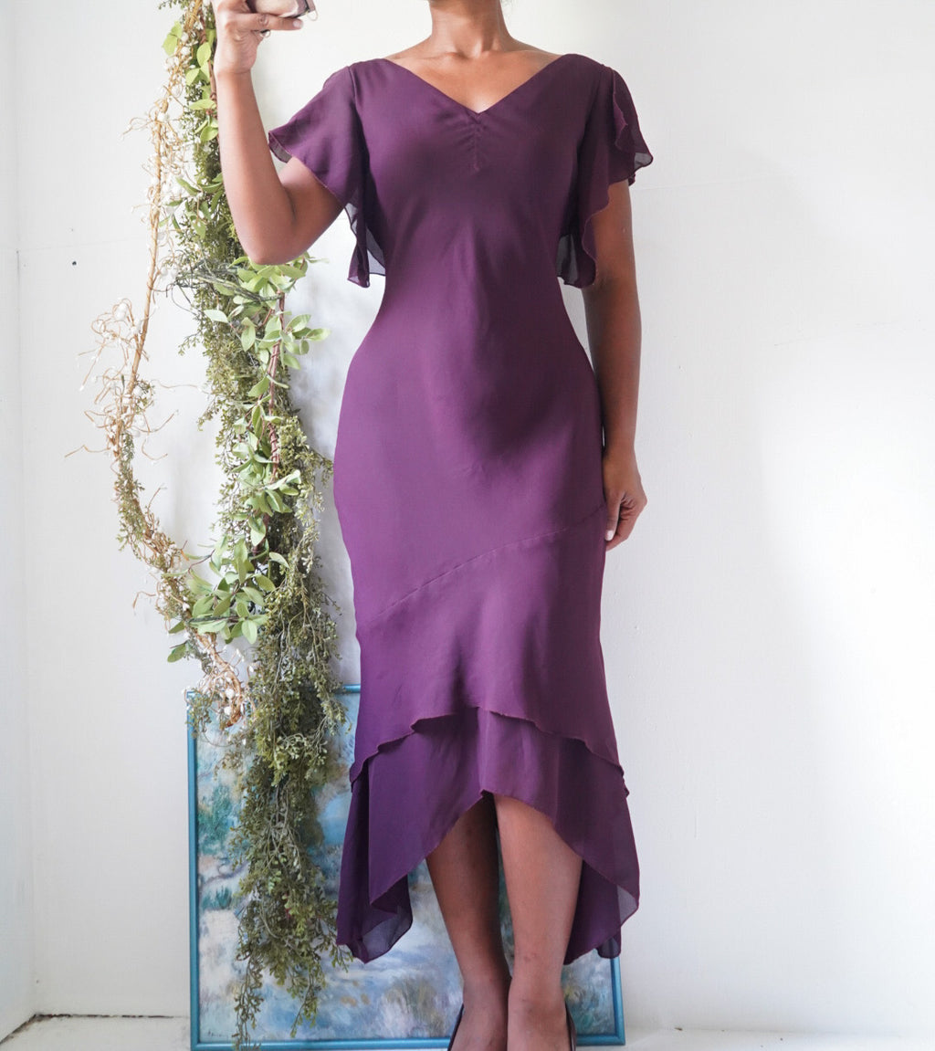 Y2K Purple Ruffle Hem Midi Dress