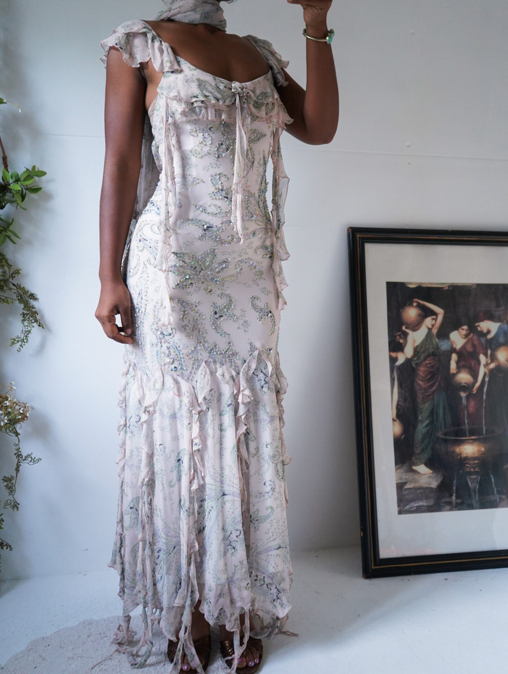 Rare Vintage Y2K Paisley Silk Beaded Diane Freis Gown