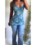 Y2K Blue Paisley Lace Trim Cami