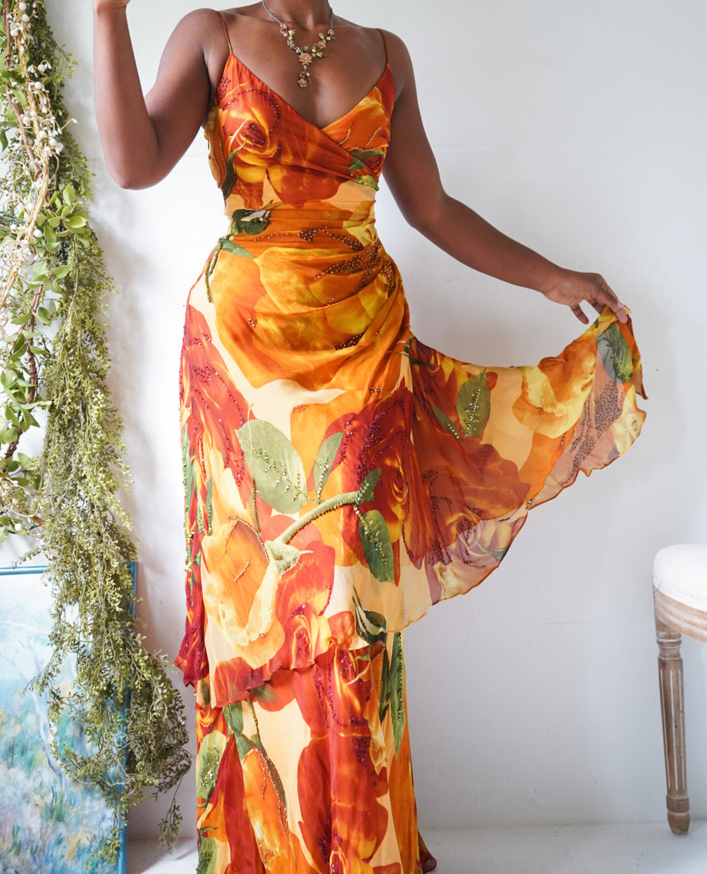 Vintage Y2K Autumn Rose Silk Beaded Gown