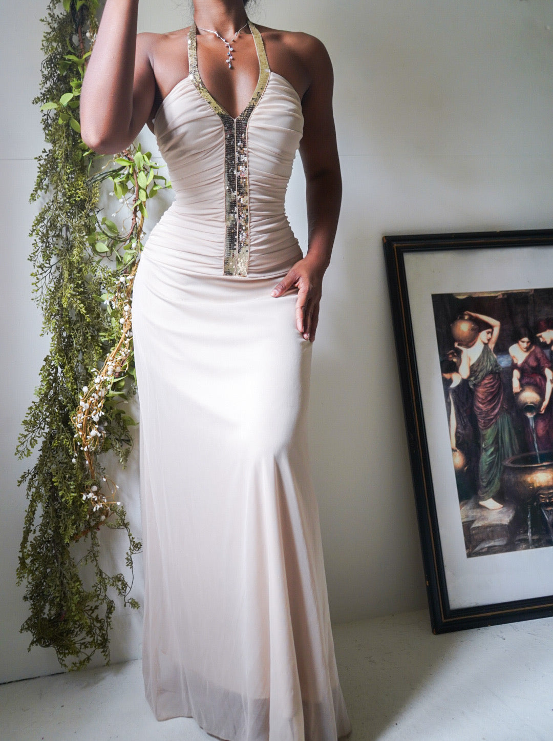 Cream Ruched Halter Gown