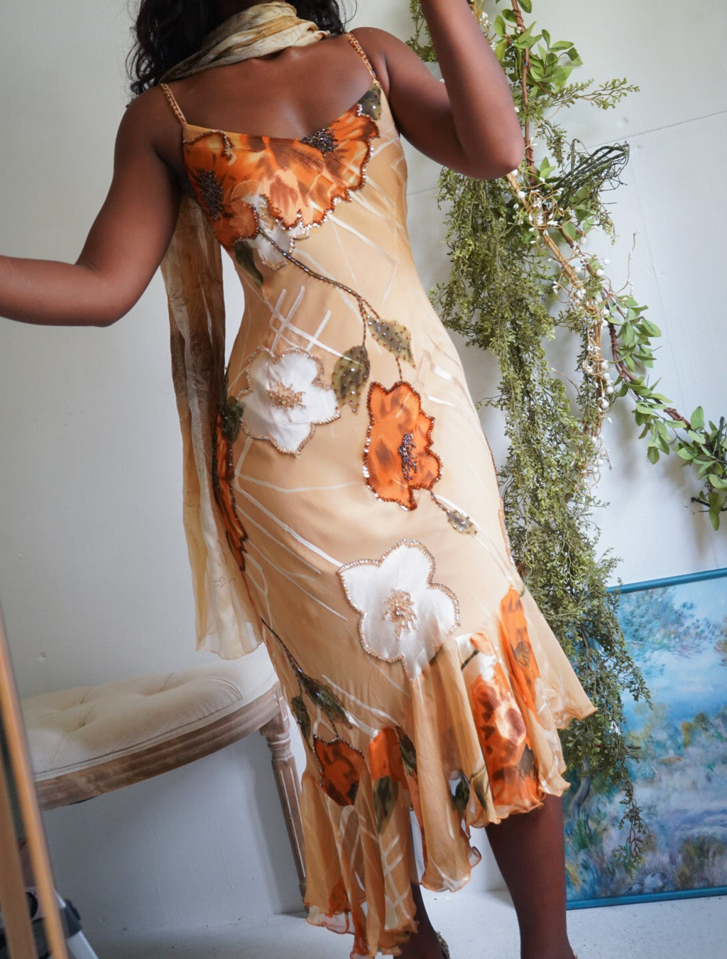 Rare Y2K Tan Floral Devore Beaded Silk Dress