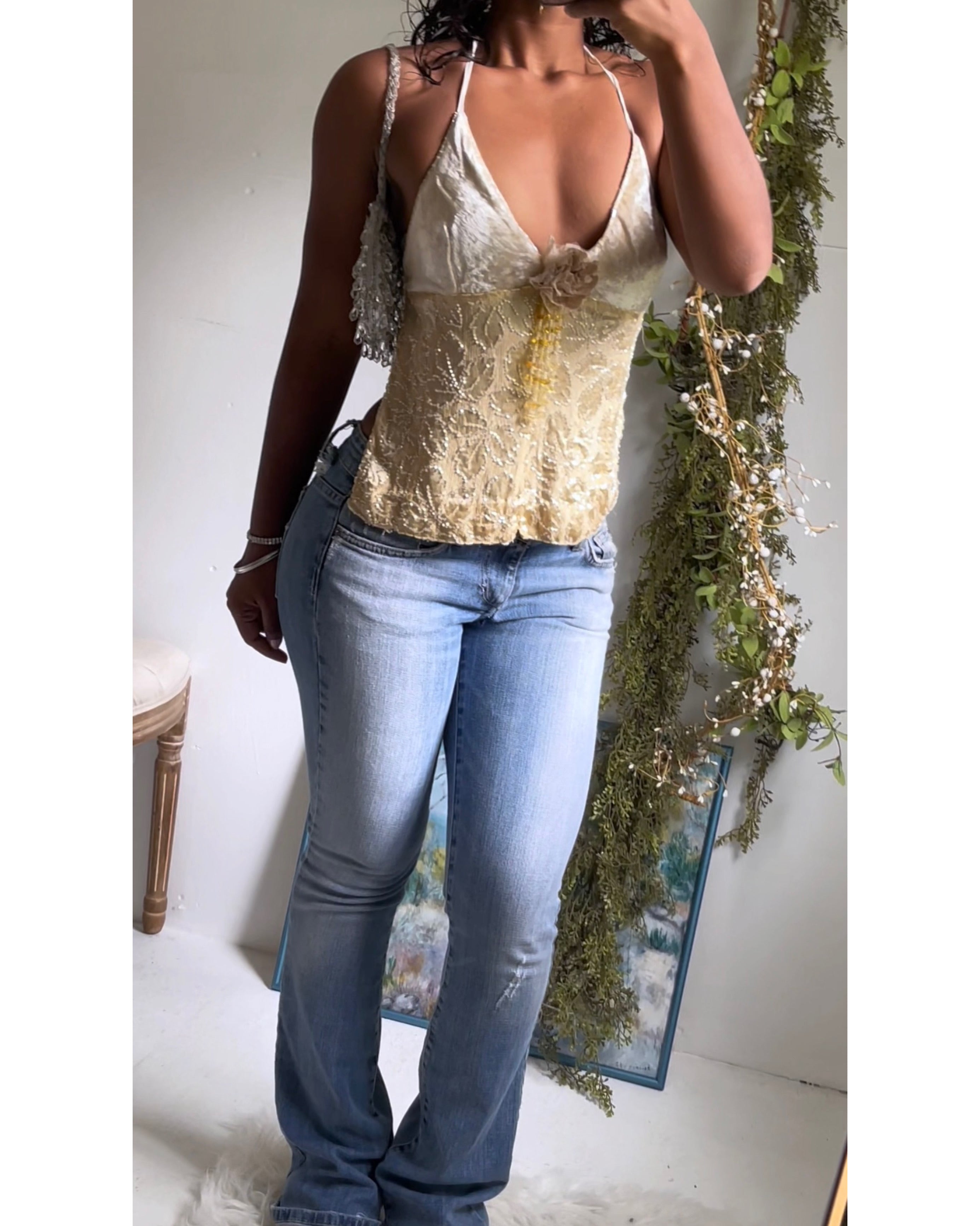 Y2K Champagne Gold Reworked Burnout Velvet Top