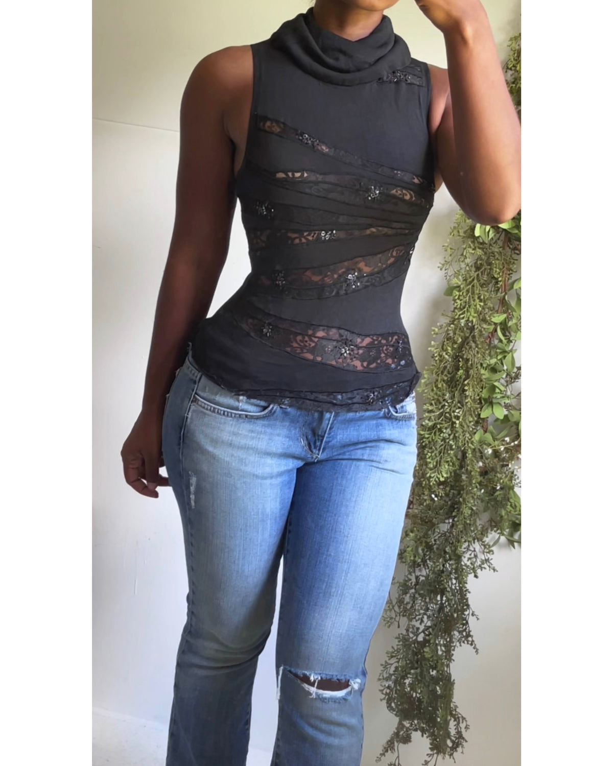 Y2K Beaded Cutout Turtleneck Tank