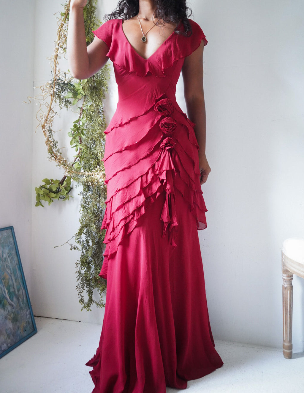 Rare Y2K Red Silk Ruffle Gown