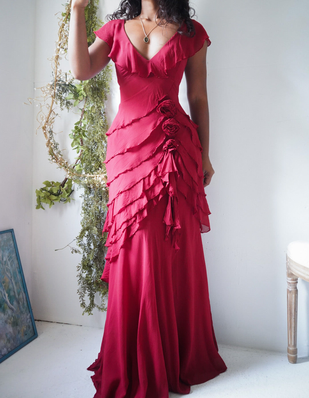 Rare Y2K Red Silk Ruffle Gown