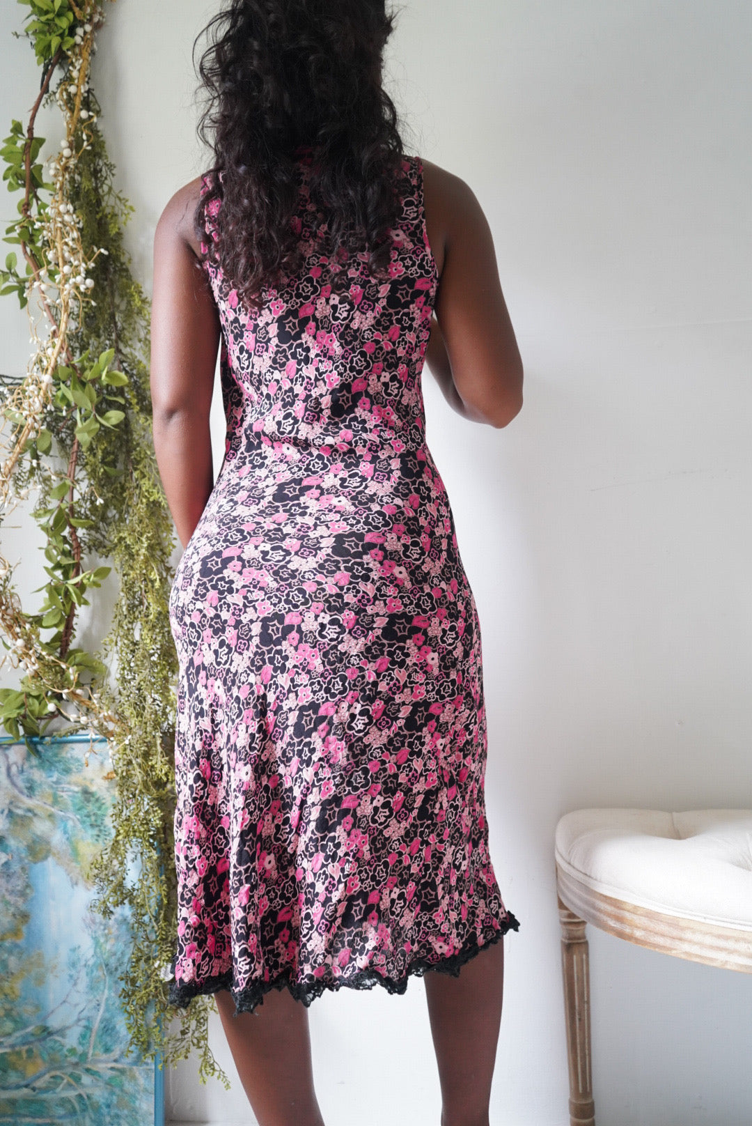 Y2K Pink and Black Floral Staple Slip Dress