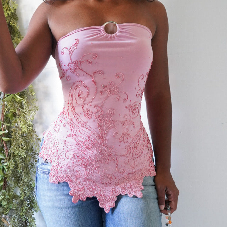 Rare Y2K Beaded Paisley Hem Pink Strapless Top