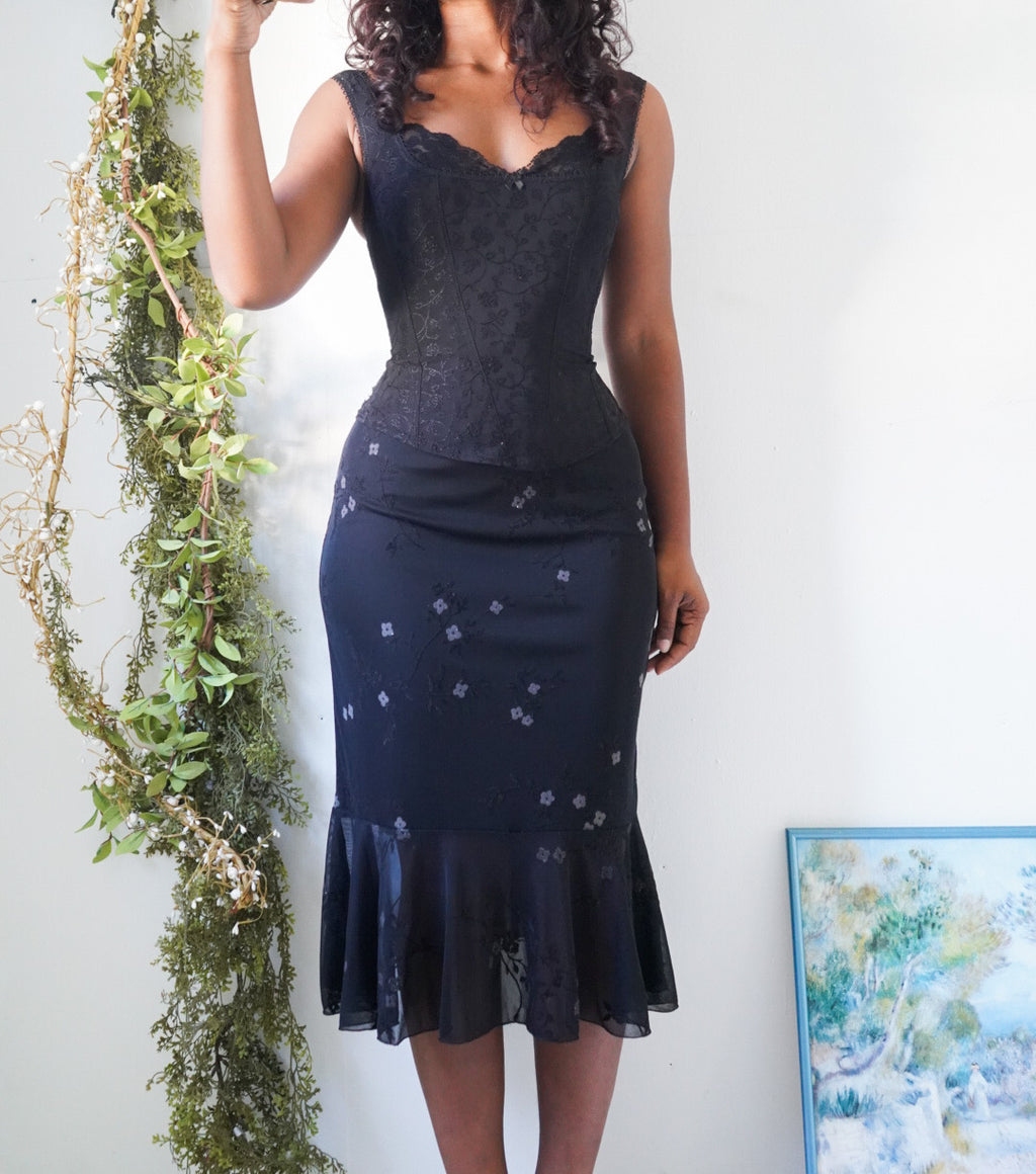 Y2K Flocked Glitter Floral Midi Skirt