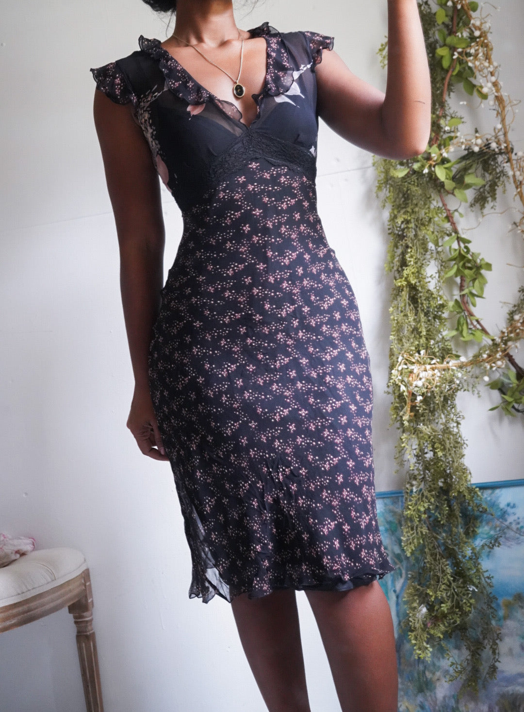 Y2K Dainty Floral Black Ruffle Detail Silk Dress