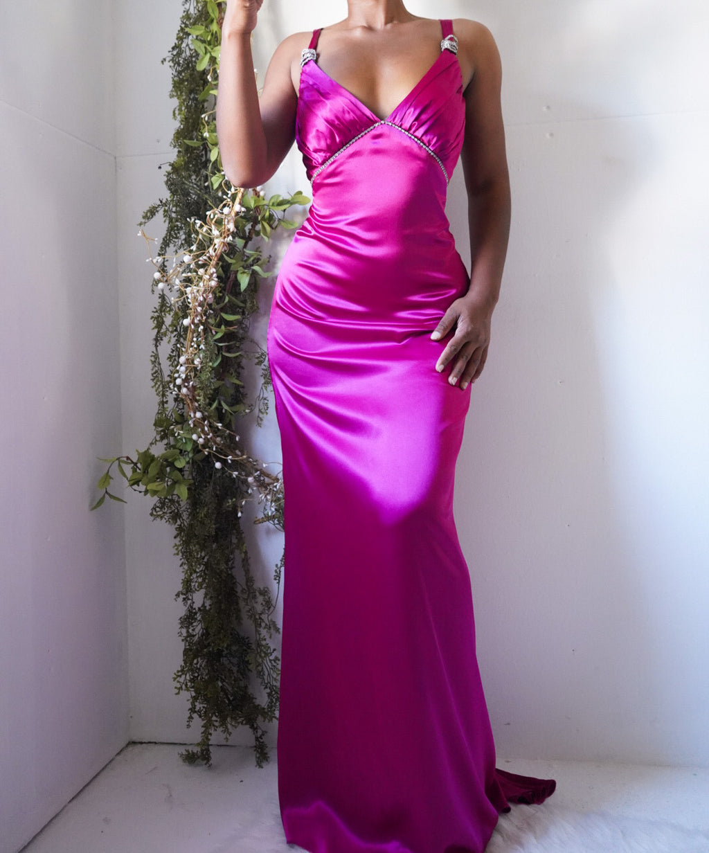 Y2K Fuchsia Low Back Satin Gown