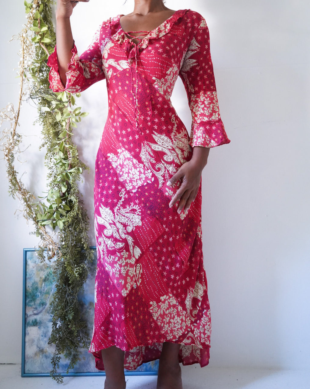 Y2K Patchwork Boho Ruffle Sleeve Dress