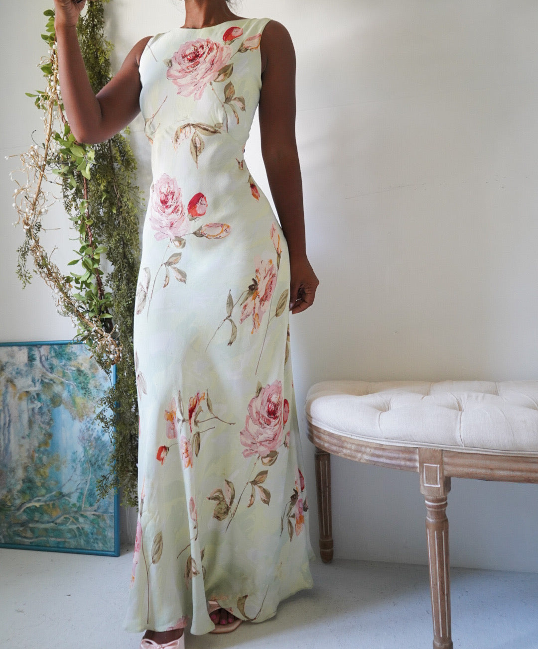 Y2K Romantic Green Rose Maxi Dress