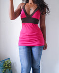 Y2K Bright Pink Halter Babydoll Top with Brown Trims