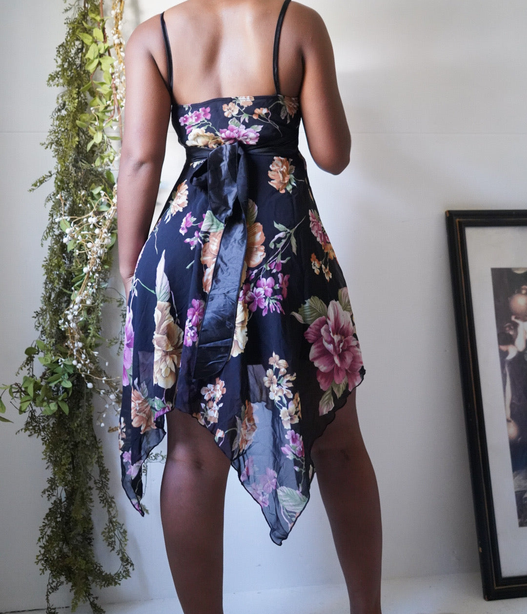 Y2K Black Floral Tie Back Fairy Dress