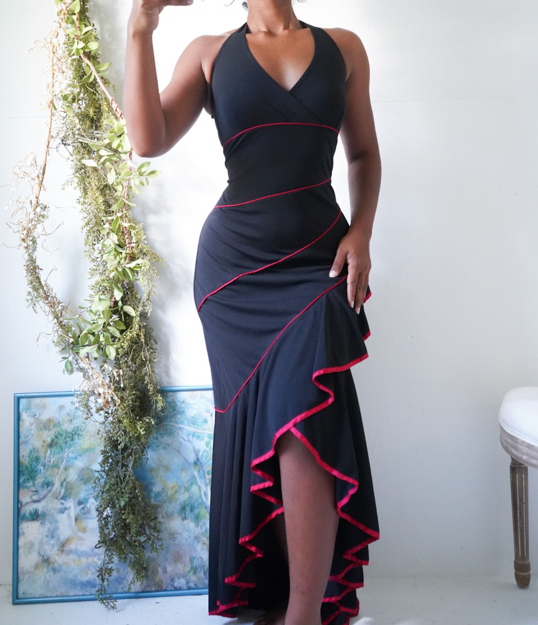 Halter High Low Dress with Red Trims