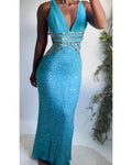 Vintage Y2K Beaded Turquoise Silk Backless Gown