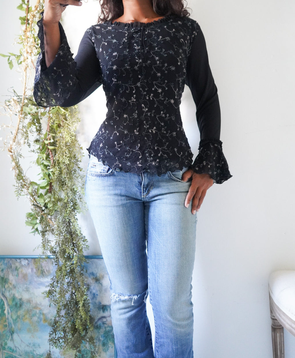 Y2K Black and Silver Embroidered Ruffle Sleeve Top
