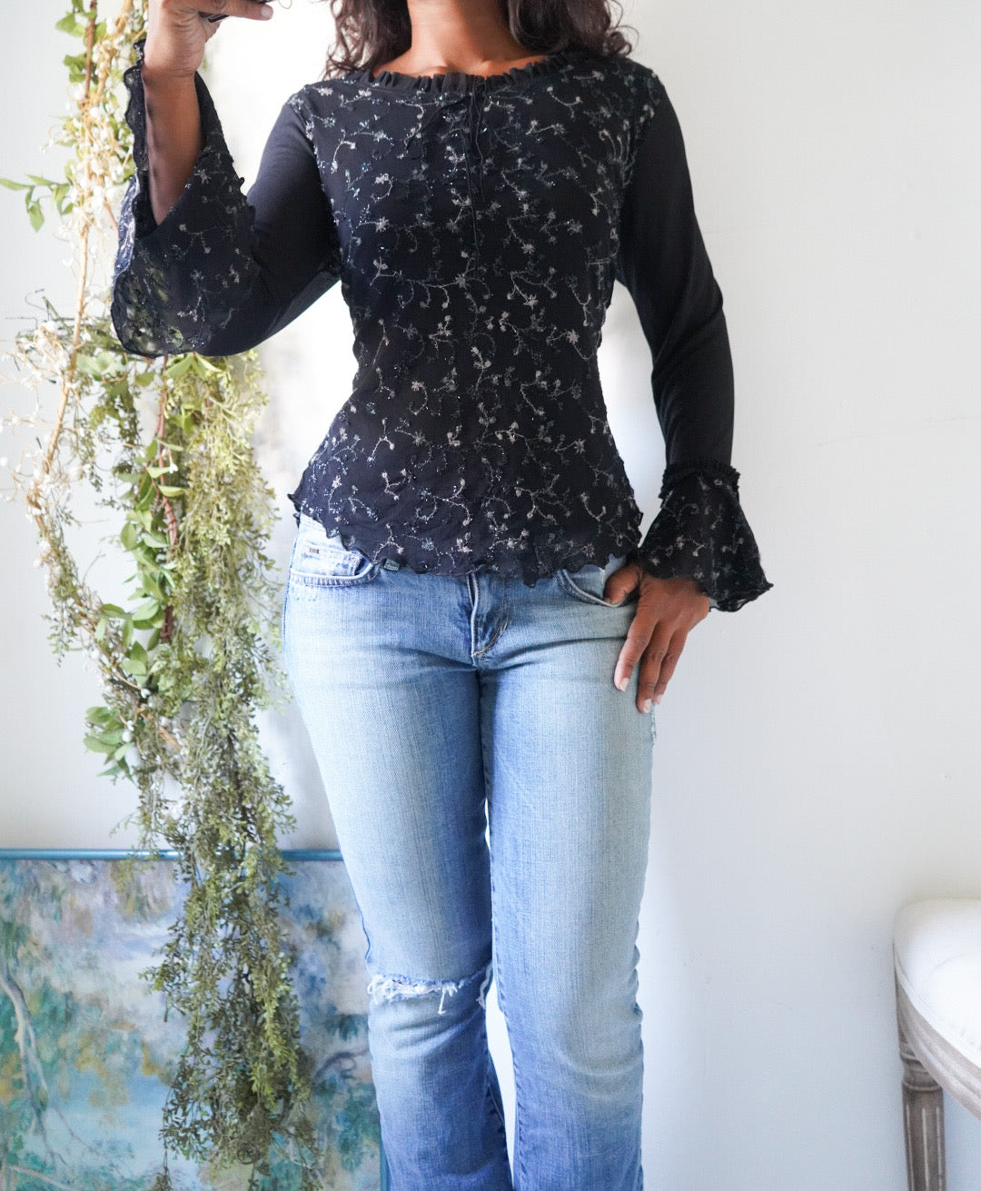 Y2K Black and Silver Embroidered Ruffle Sleeve Top
