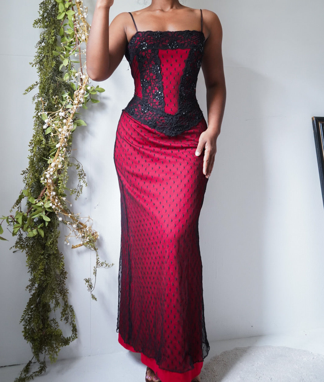 Vintage Y2K Red and Black Layered Lace Mesh Gown