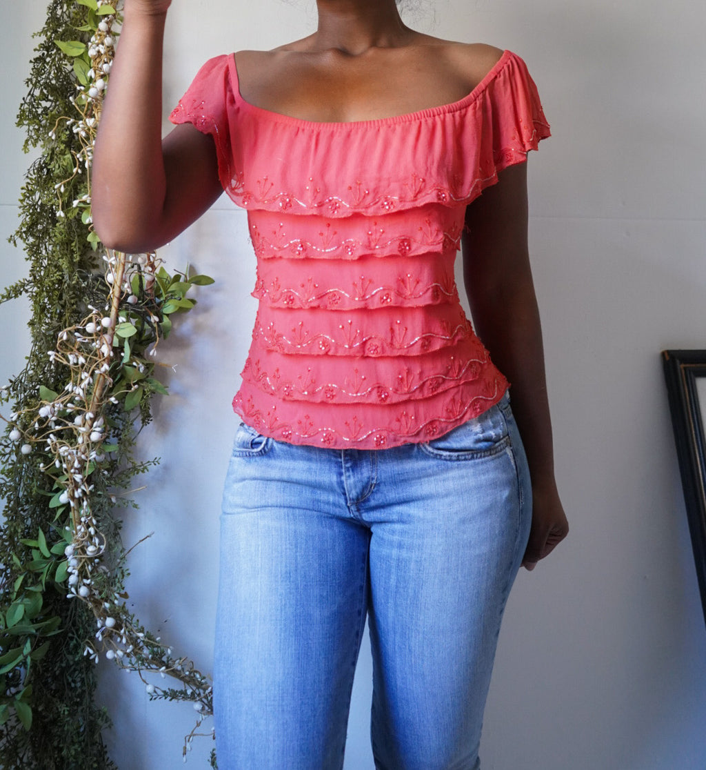 Rare Y2K Deep Coral Silk Cache Top