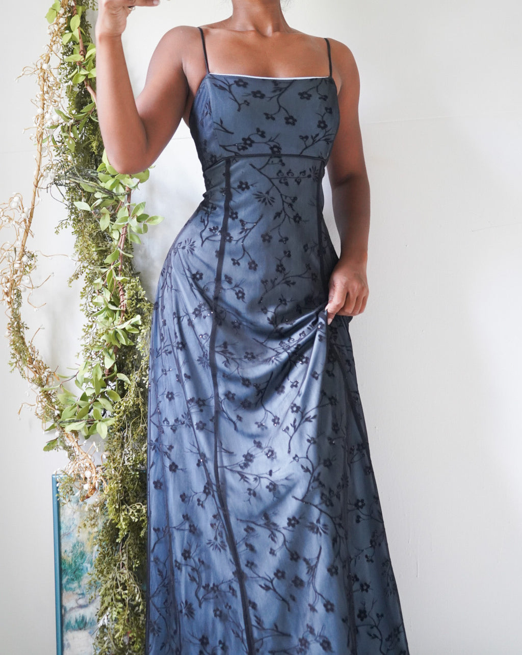 Vintage Y2K Baby Blue and Black Layered Floral Gown