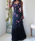 Y2K Black Silk Gown with Pink Flowers