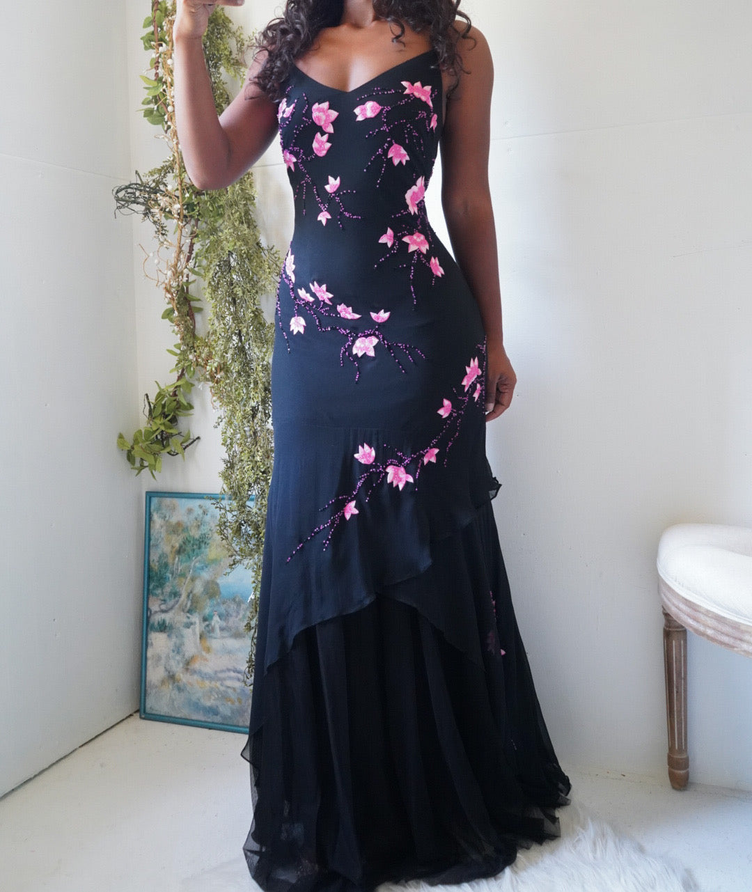 Y2K Black Silk Gown with Pink Flowers