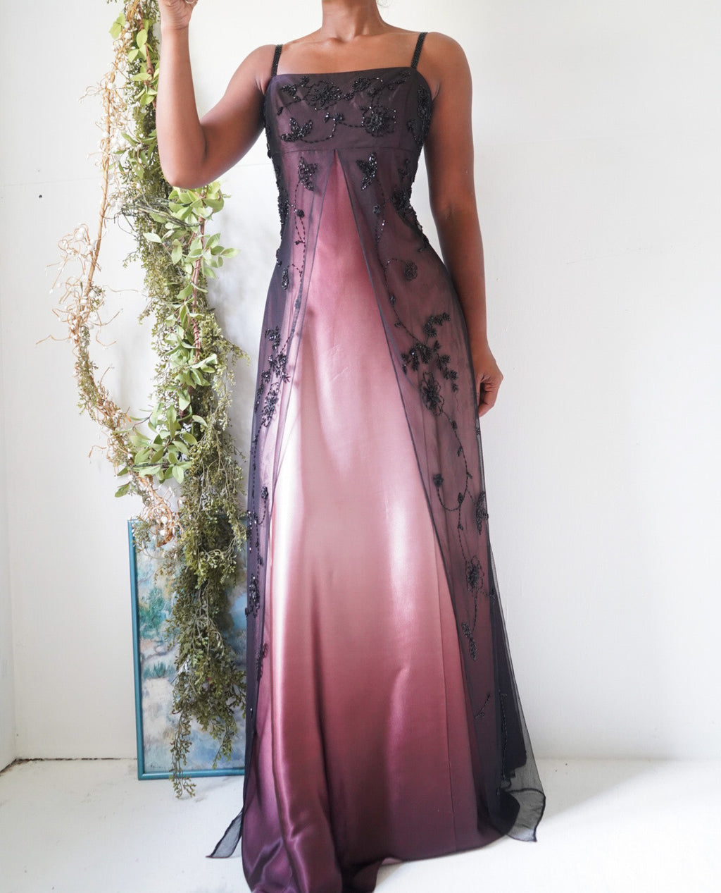 Vintage Y2K Ombre Brown Beaded Split Front Gown