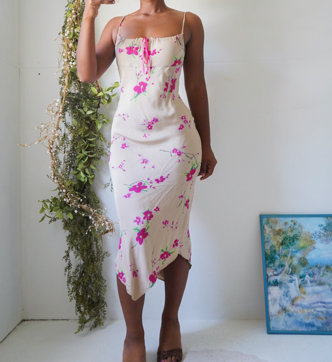 Rare Vintage Y2K Tan and Pink Floral Sequin Midi Dress