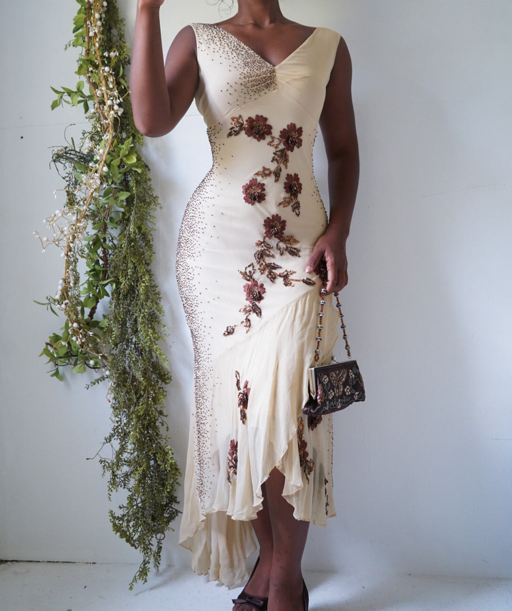 Vintage Y2K Cream and Brown Floral Beaded Dress