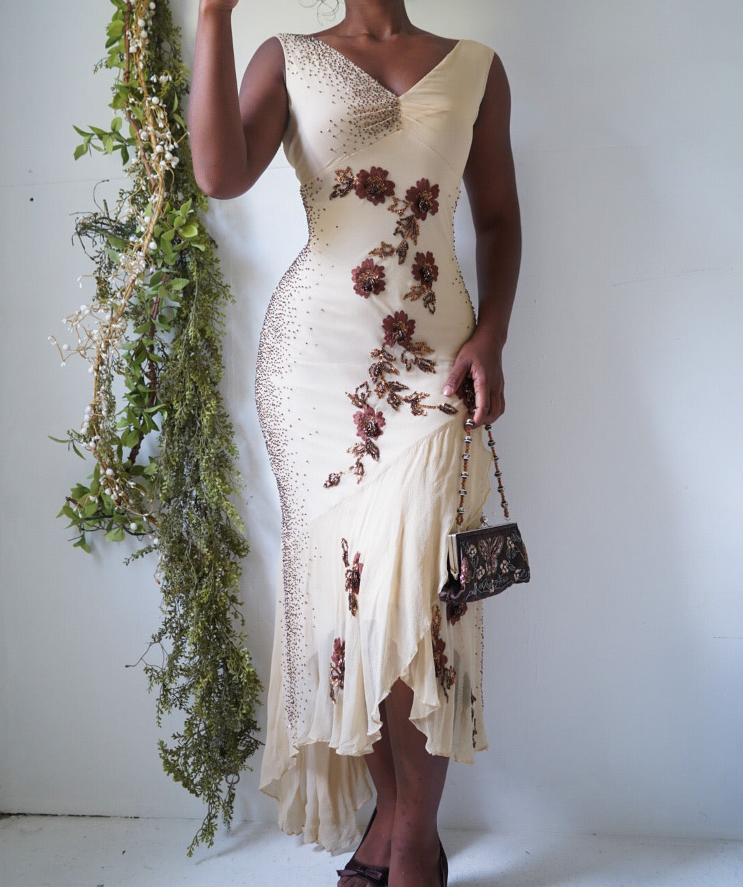 Vintage Y2K Cream and Brown Floral Beaded Dress