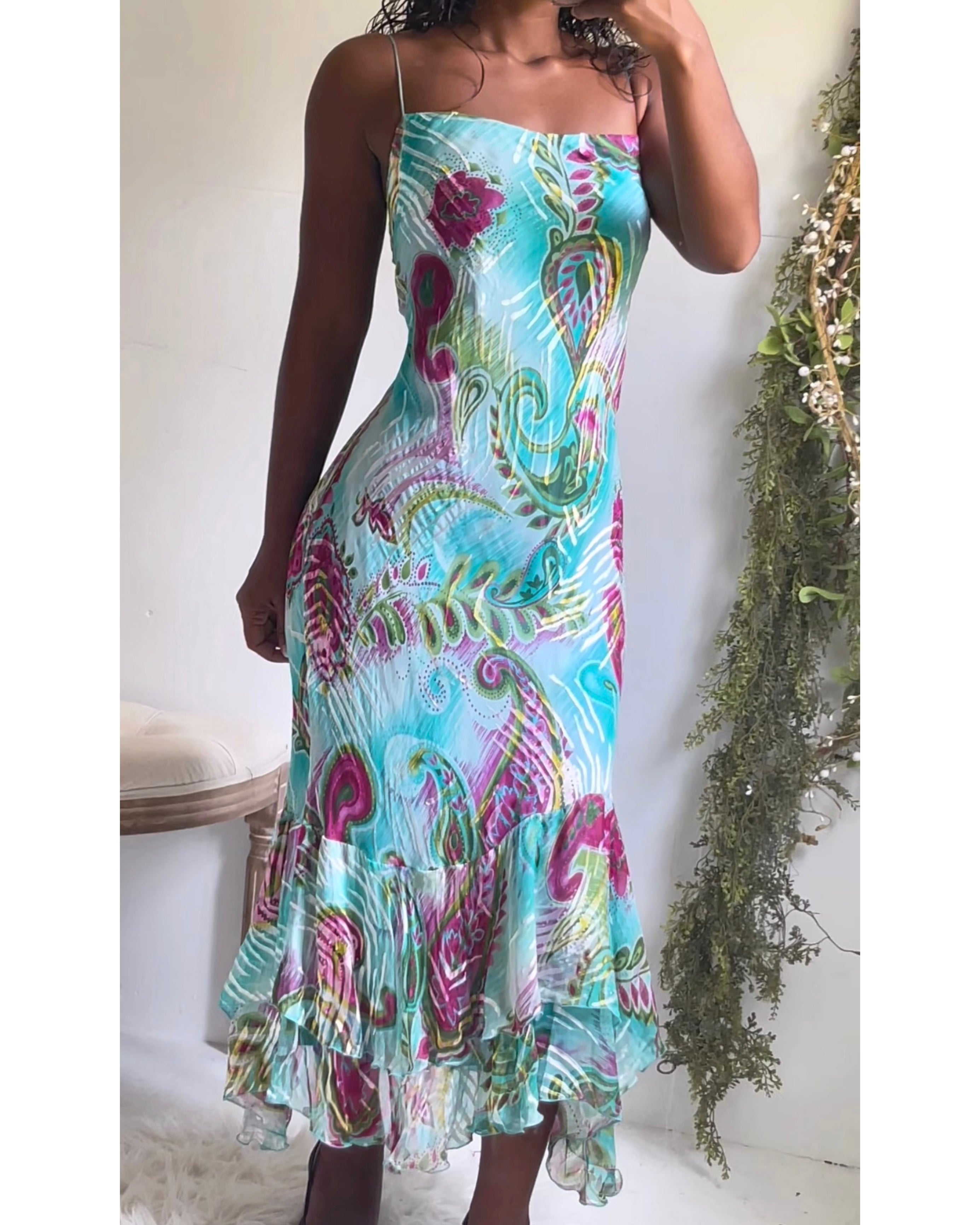 Y2K Colorful Turquoise Paisley Slip Dress