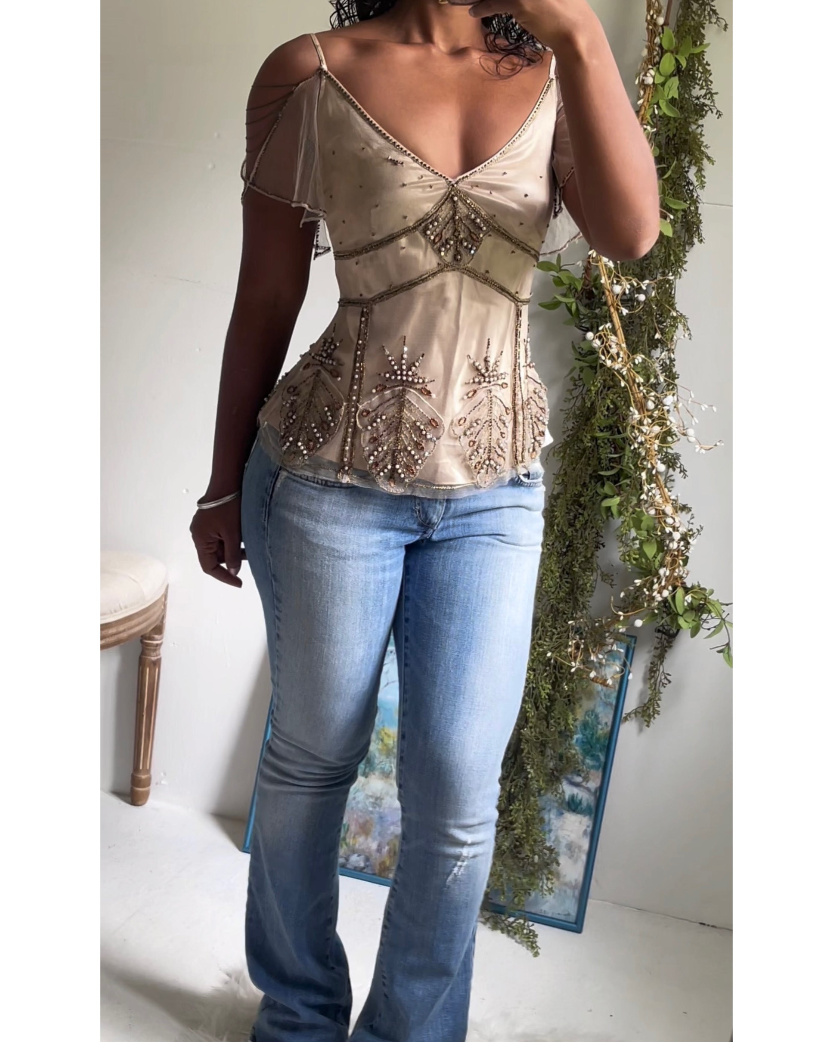 Y2K Champagne Satin Beaded Top