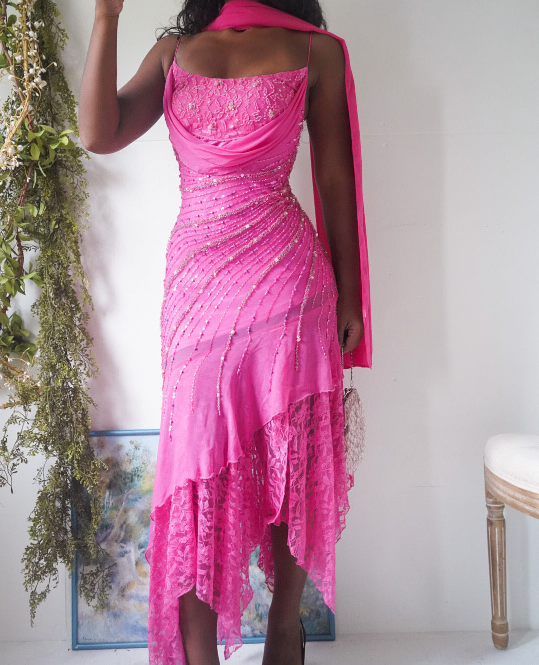 Rare Vintage Y2K Pink Beaded Silk and Lace Dress