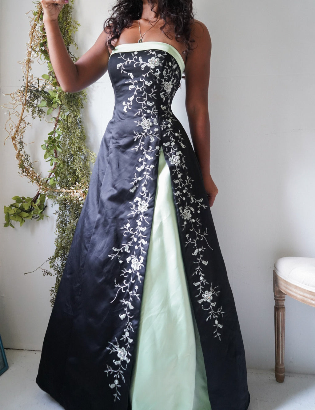 Vintage Y2K Black Strapless Gown with Pastel Green Details