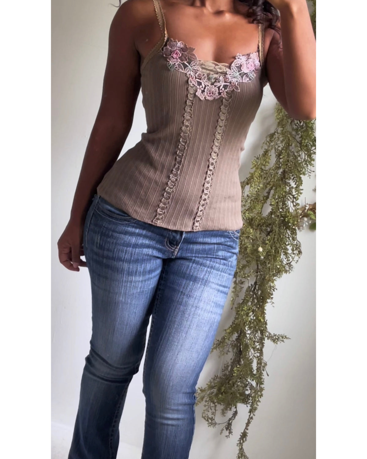 Y2K Romantic Ribbed Knit Flower Trim Cami