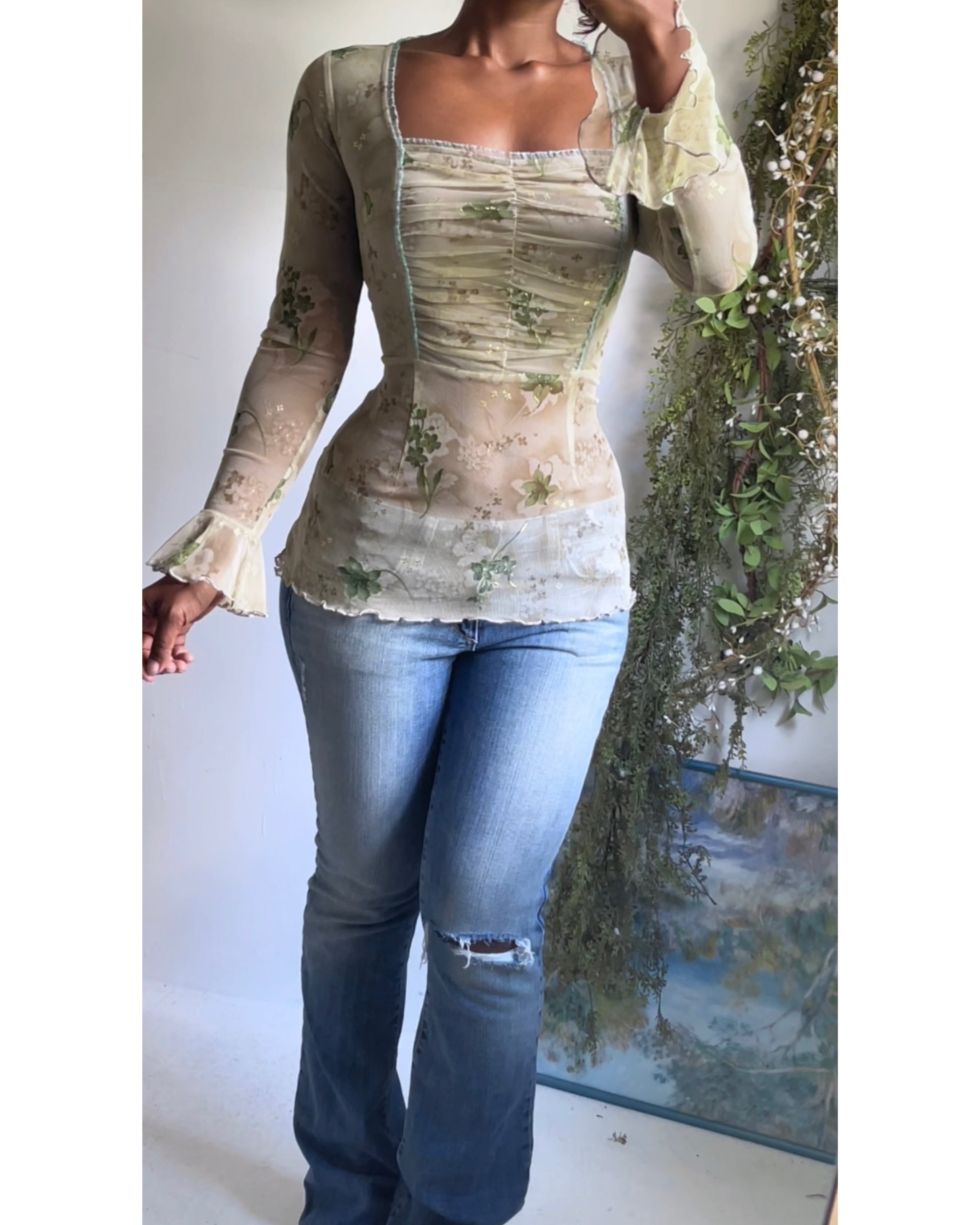Rare Y2K Light Sage Romantic Mesh Top