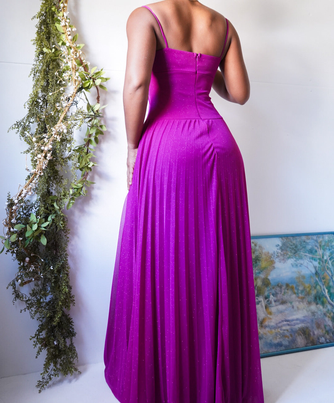80’s Magenta Sparkle Pleat Skirt Gown