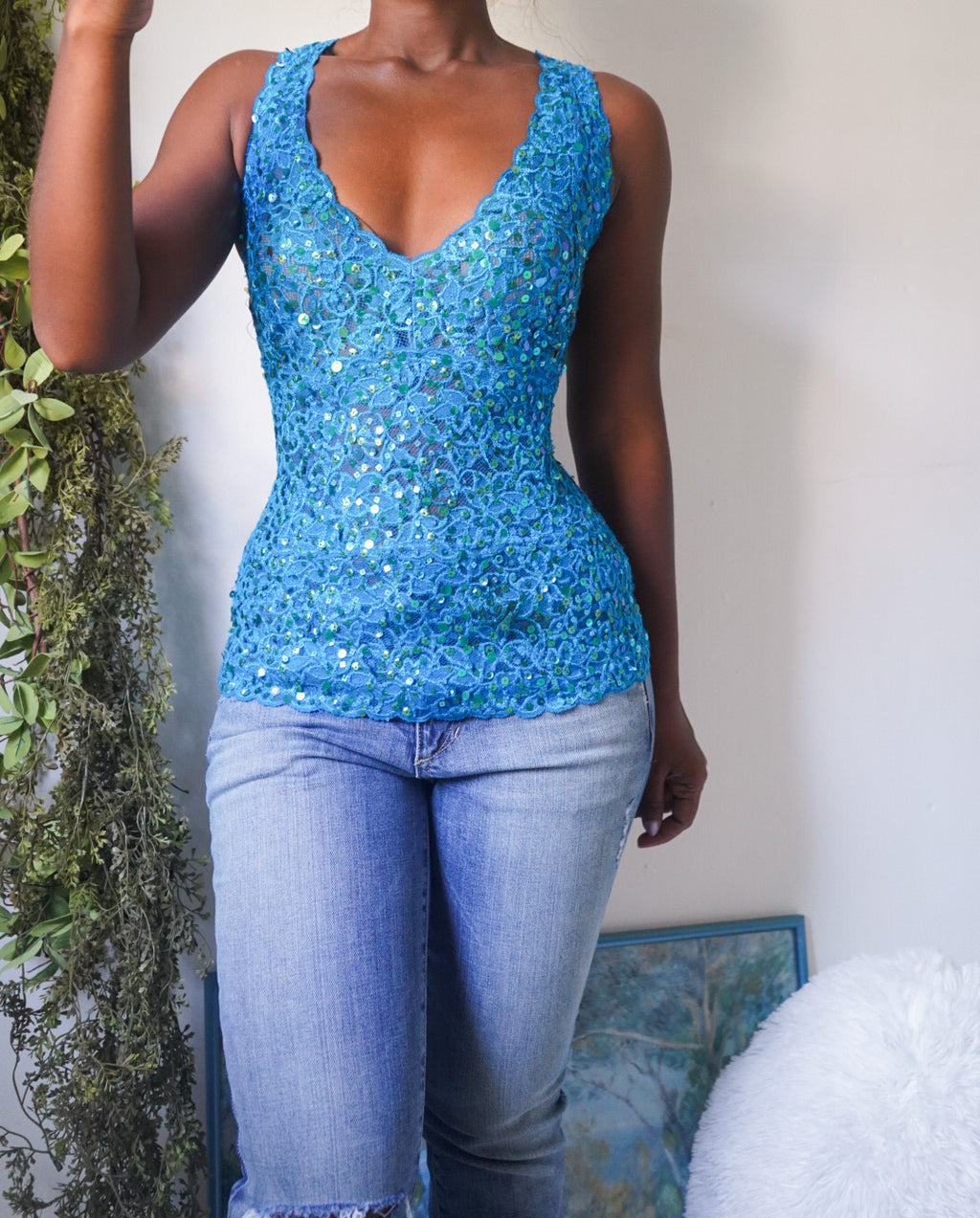 Y2K Sequin Lace Teal Top