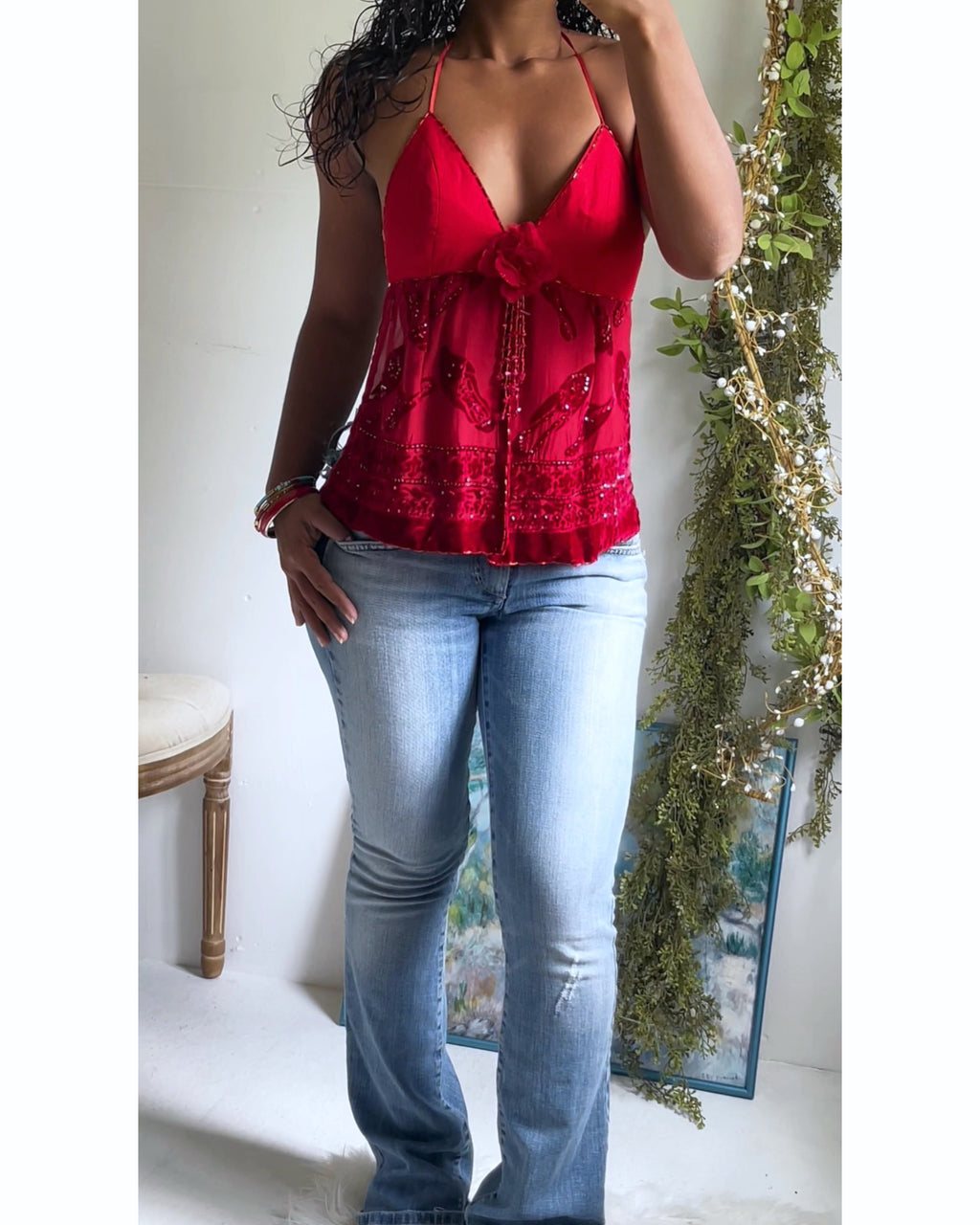Y2K Red Burnout Velvet Split Front Reworked Top