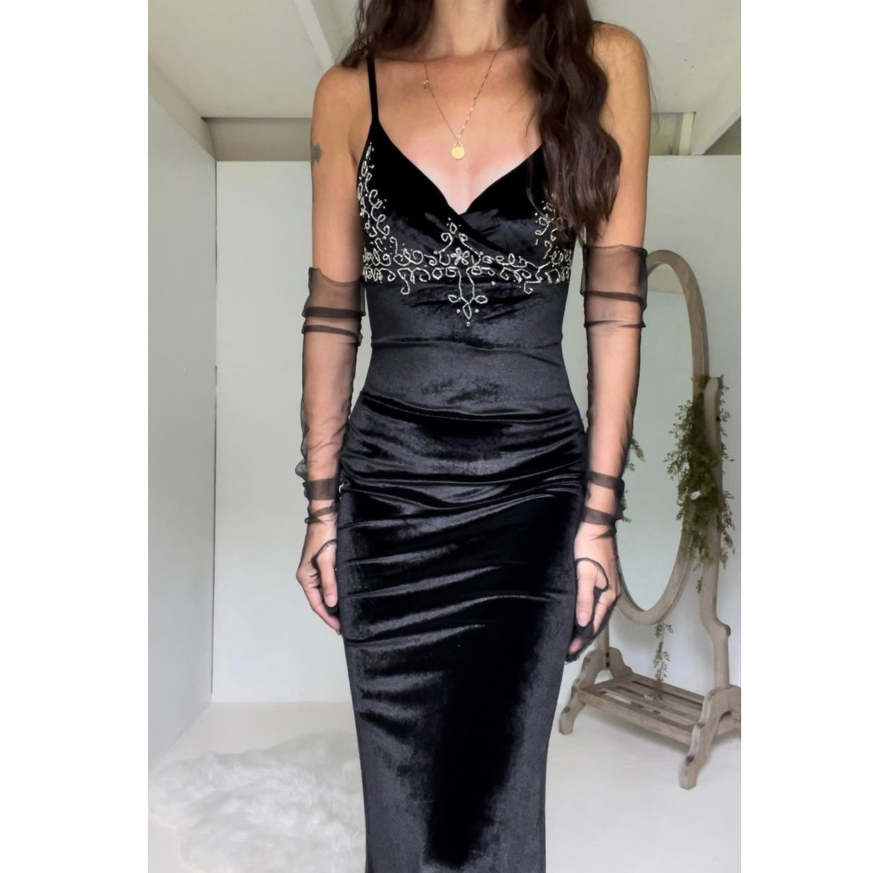 Vintage Inspired Black Velvet Beaded Detail Gown