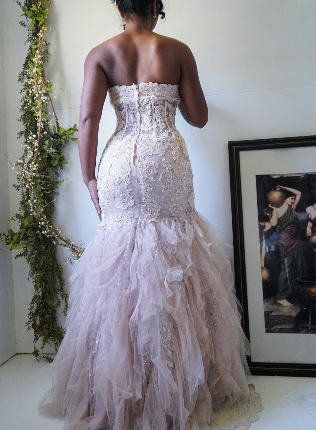 Vintage Y2K Beige Lace Ruffle Hem Corset Gown