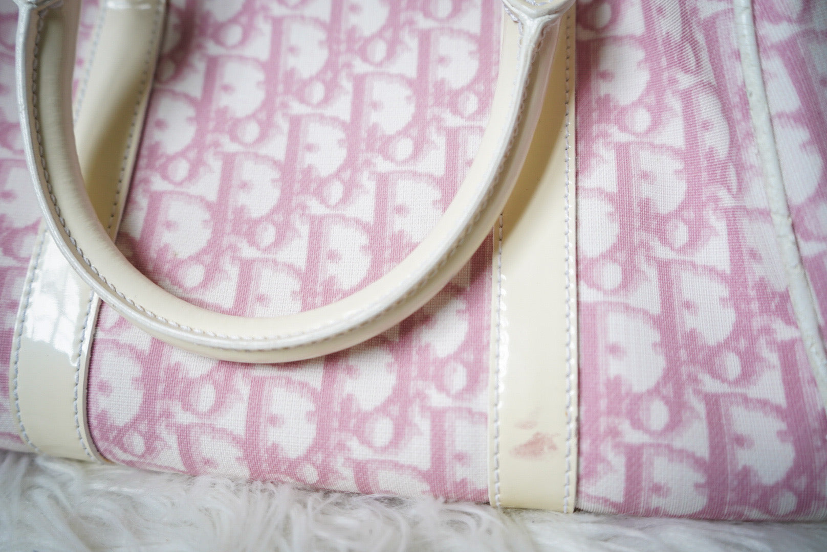 Y2K Dior Pink Trotter Monogram Leather Trim Boston Bag