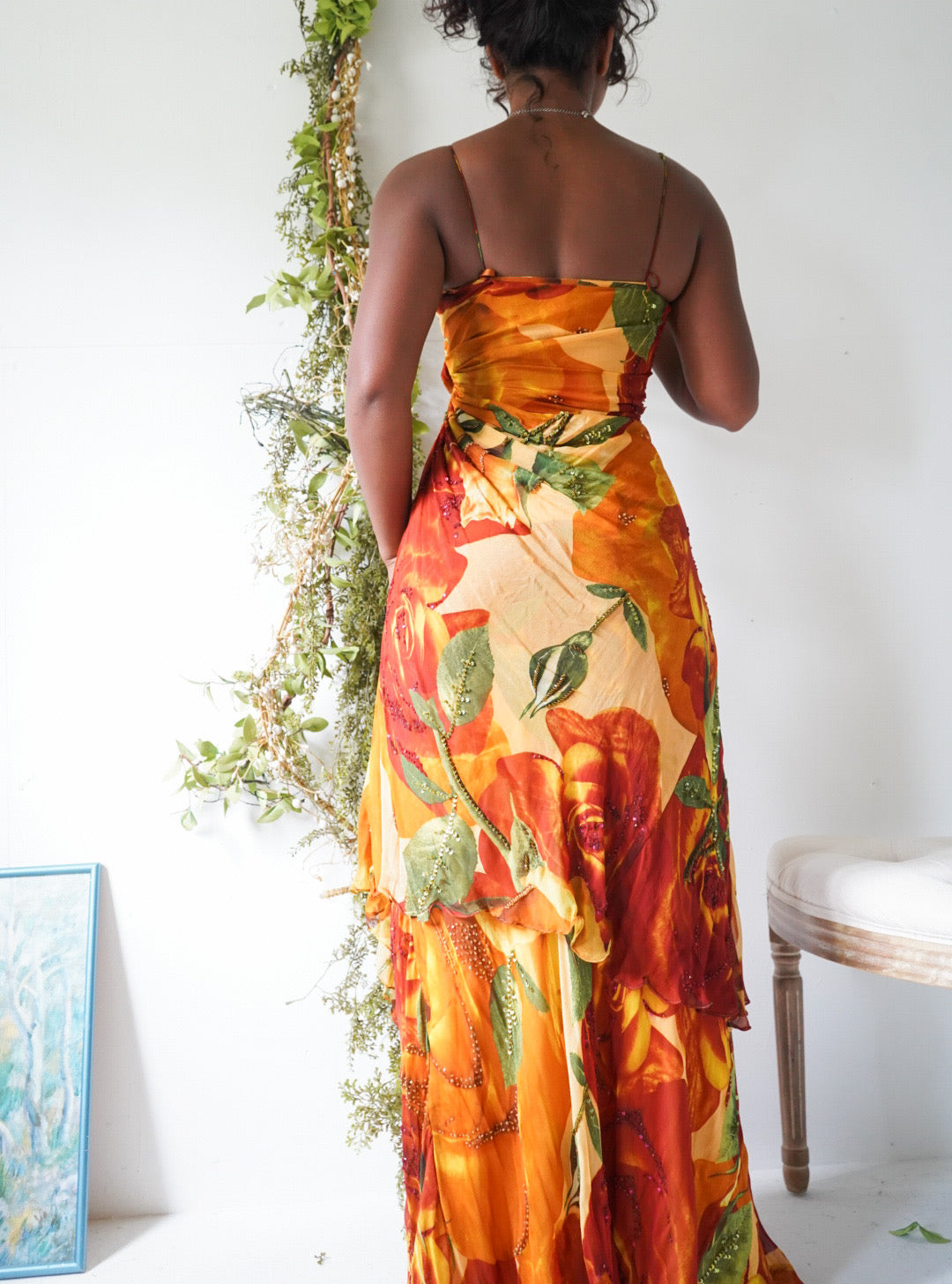 Vintage Y2K Autumn Rose Silk Beaded Gown
